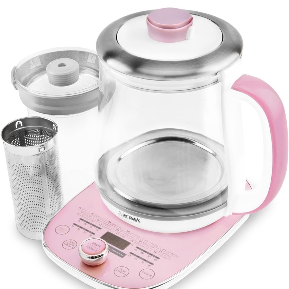 Roma Pink and White Glass Electric Kettle with Infuser
